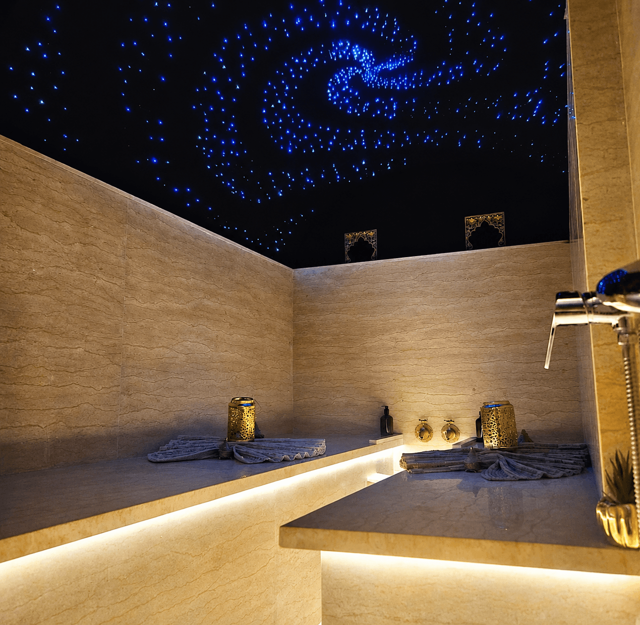 Private women-only hammam room in Marrakech with star ceiling