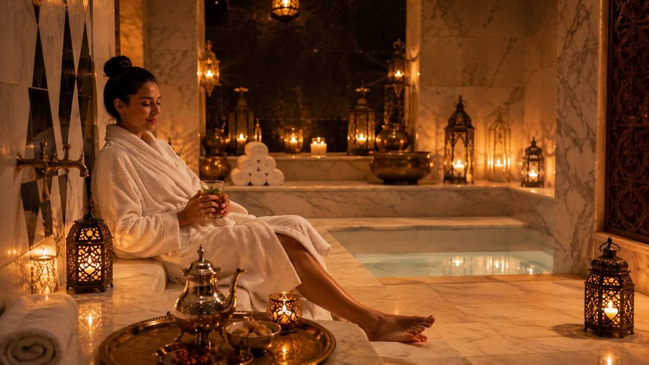 Solo female traveler relaxing after women-only hammam in Marrakech